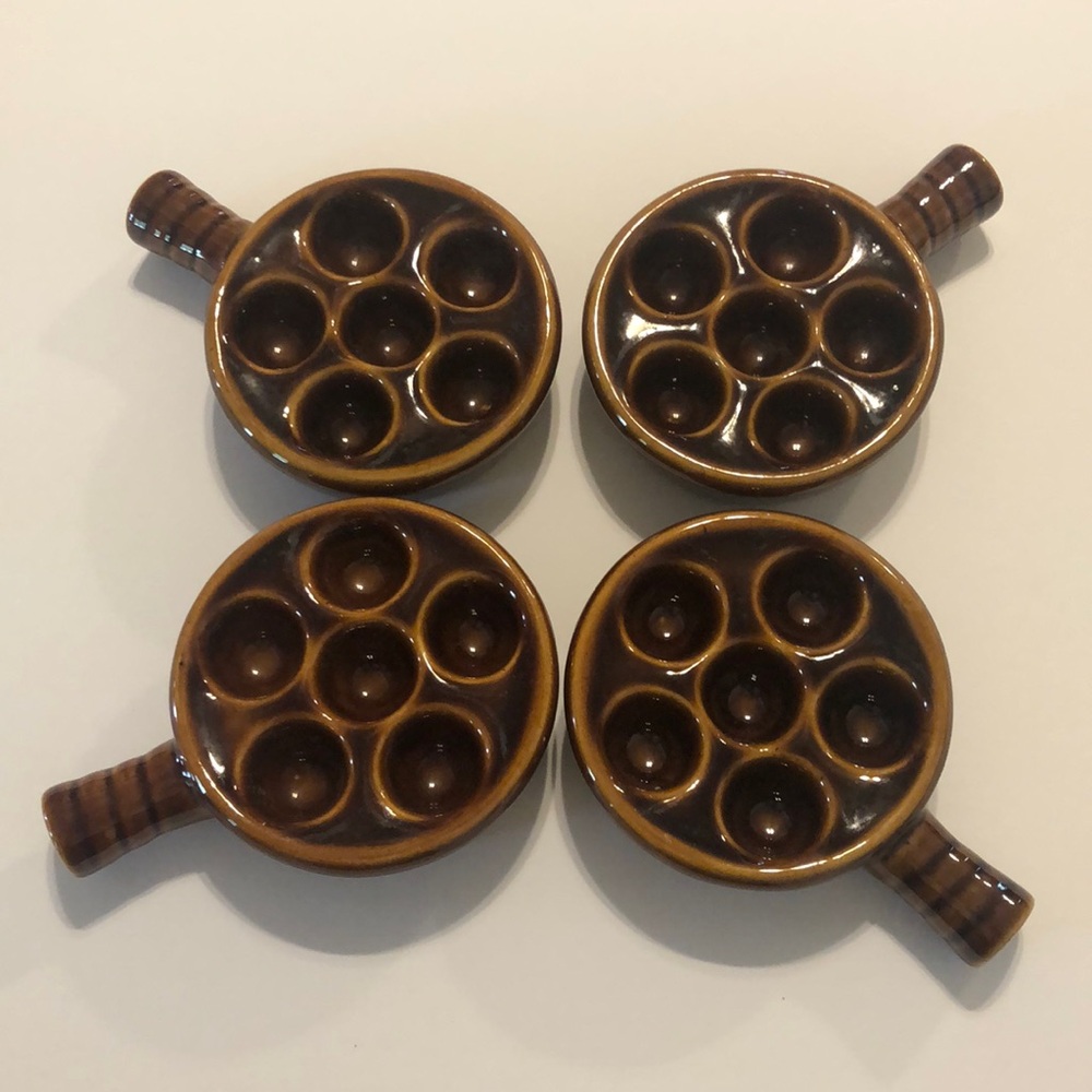 Set of 4 Ceramic Brown Glazed Escargot Snail Baking Dishes w/ Handle Taiwan
